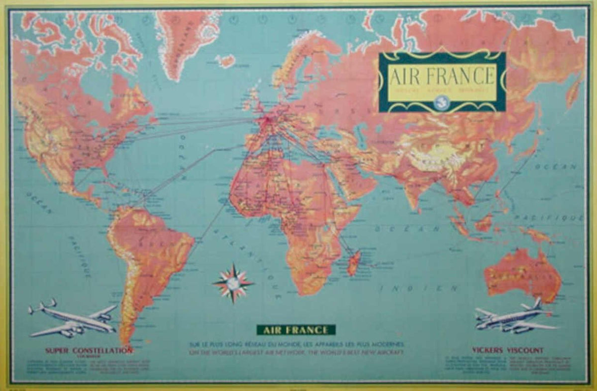 Air France Map 6 Vintage Retro Advert Poster A4 Photo Print