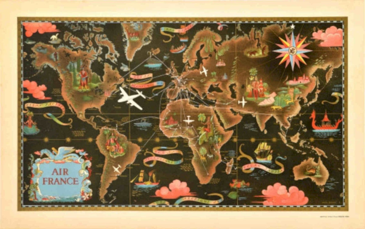 Air France Map 9 Vintage Retro Advert Poster A4 Photo Print