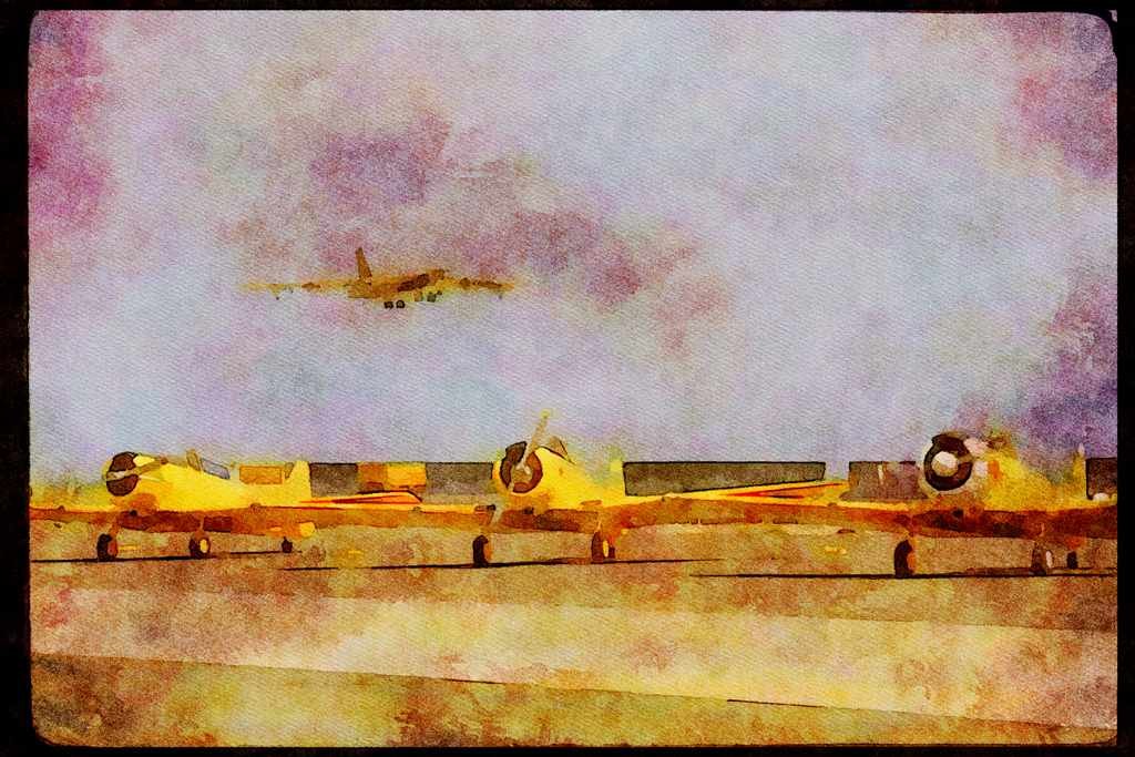 Airshow Aircraft Planes 010021 Three SNJ On Ground, B 52 Flying A4 Limited Edition Watercolour Print
