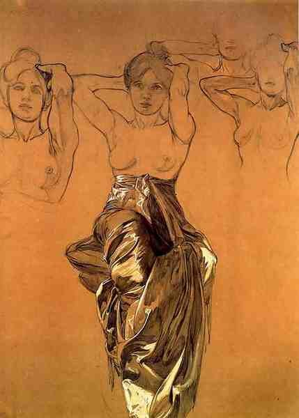 Alphonse Maria Mucha Study Of Drapery Crayon Gouache A4 Photo Print