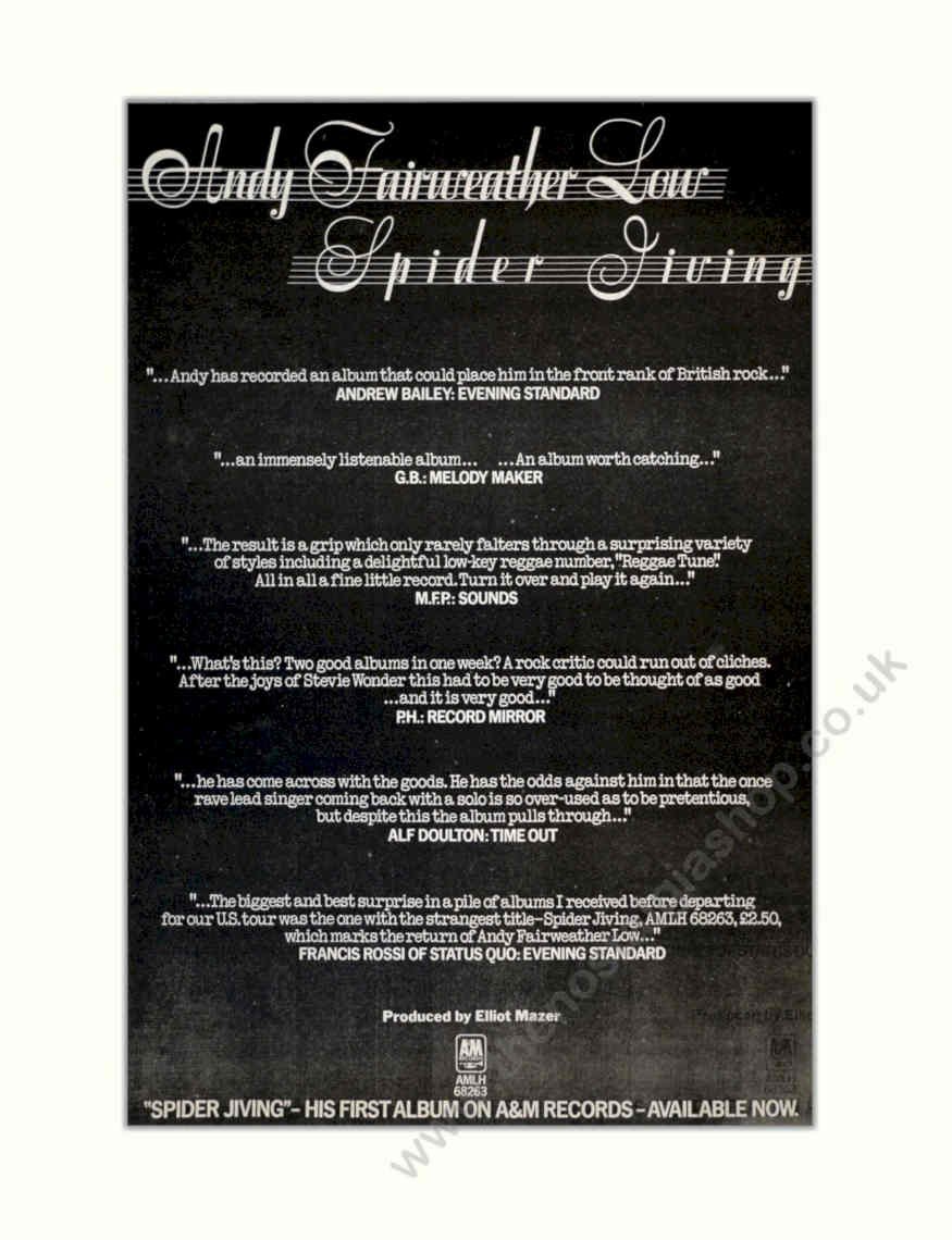 Andy Fairweather Spidergiving Vintage Retro Advert Poster A4 Photo Print