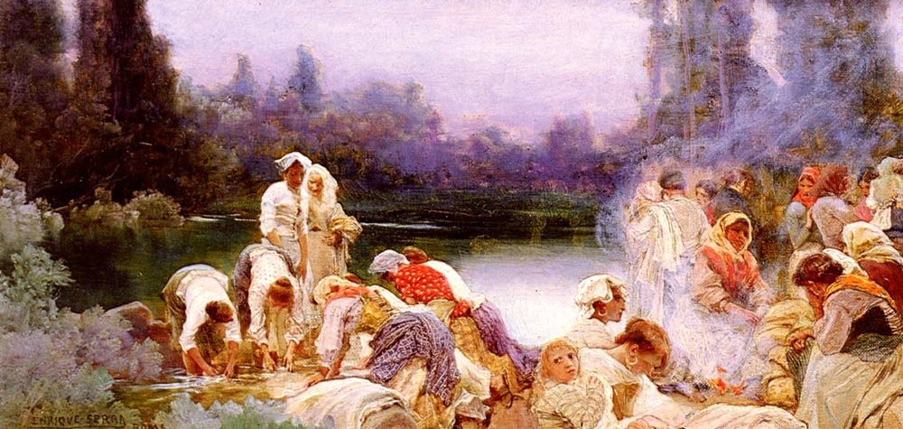 Auque Enrique Serra y Washerwomen At The Rivers Edge Art A4 Photo Print