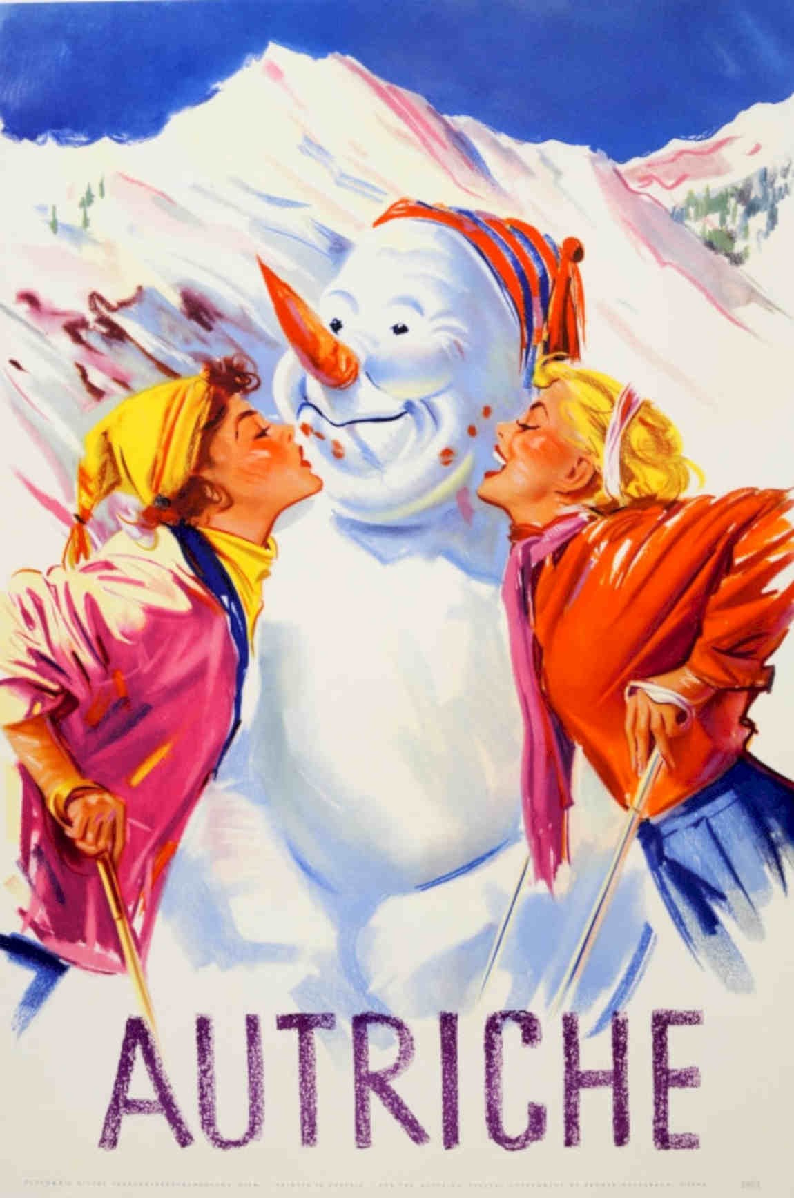 Autriche Snowman Kiss Vintage Retro Advert Poster A4 Photo Print