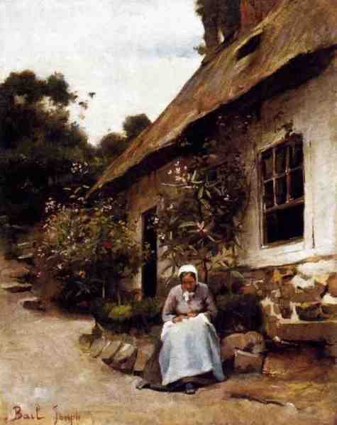 Bail Joseph Woman Sewing In Front Of Her Cottage A4 Photo Print