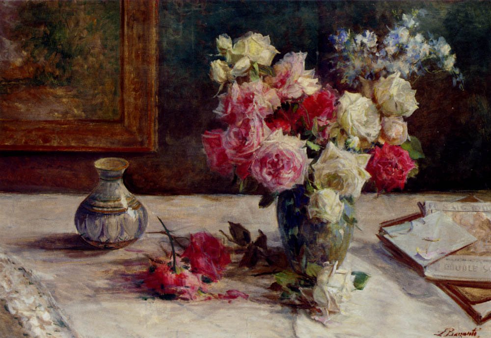 Barzanti Licinio Roses A Vase And Some Books On A Table Art A4 Photo Print UK