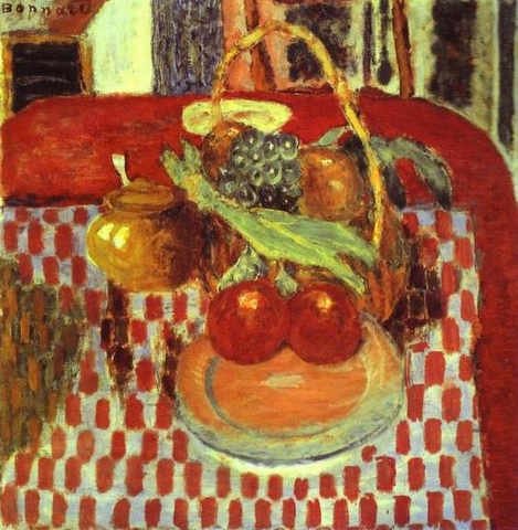 Basket And Plate Of Fruit On Red Checkered Tablecloth A4 Photo Print