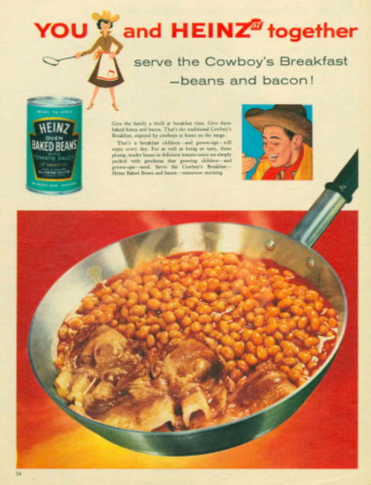Beans Bacon Cowboy 1950s Vintage Retro Advert Poster