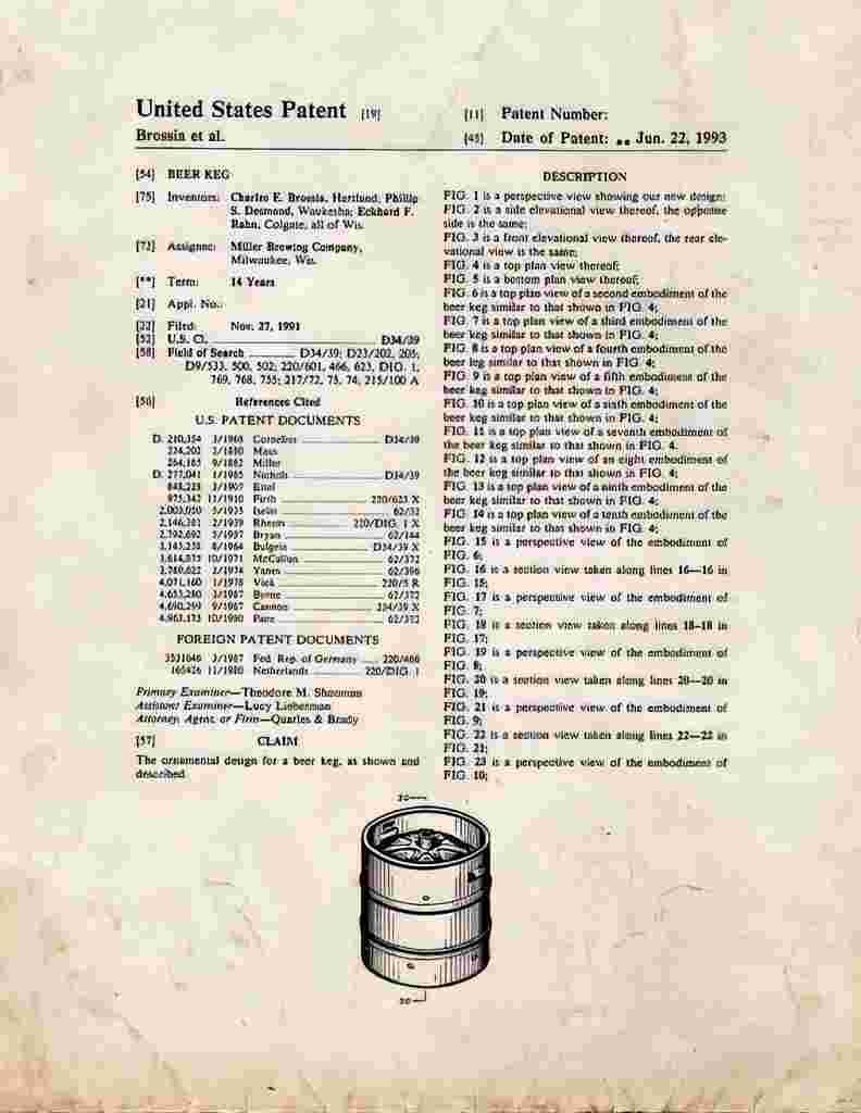Beer Keg Patent Print 1991 A4 Photo Print