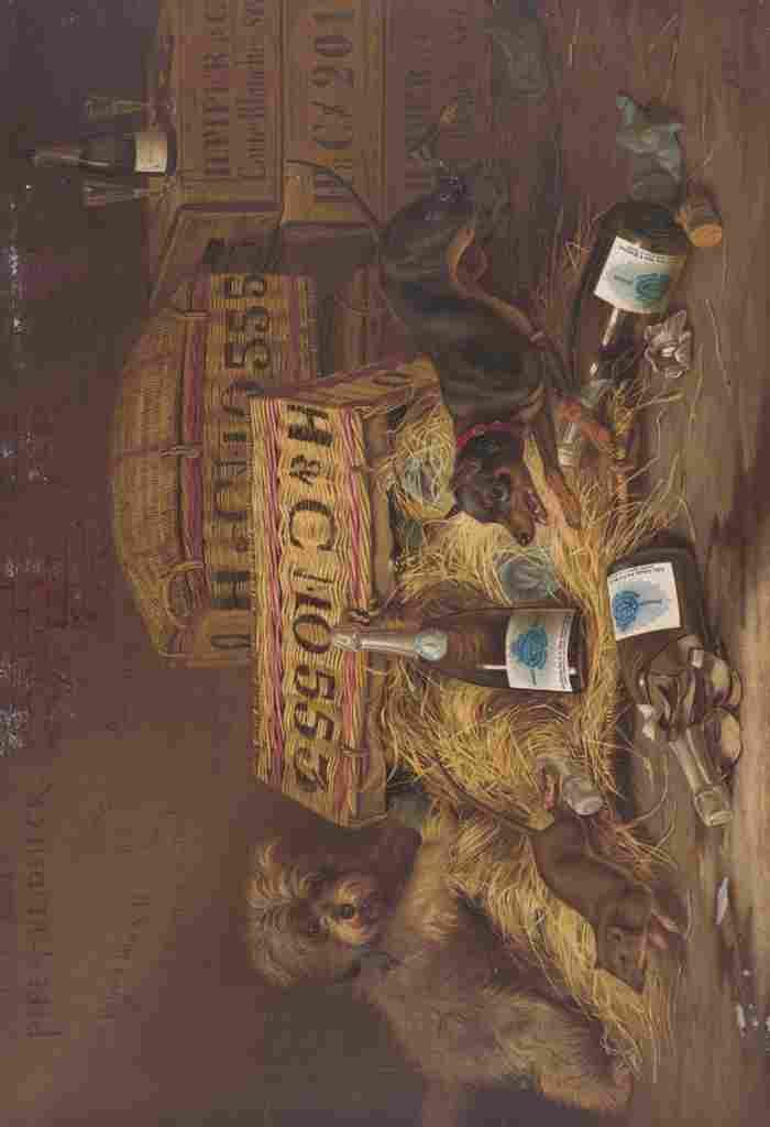 Bencke Herman Two dogs chasing mouse through open case of champagne c1887 A4 Photo Print