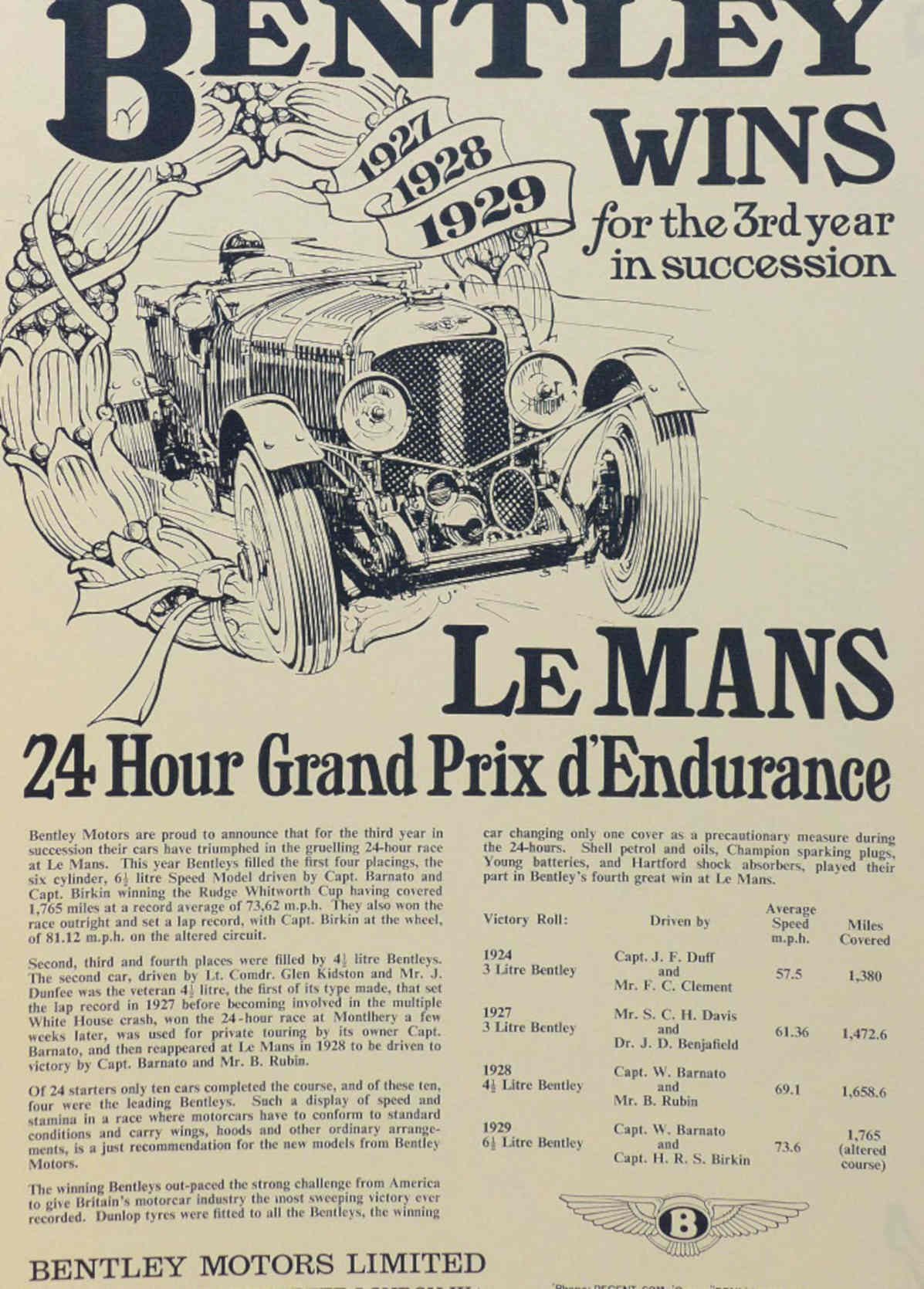 Bentley Wins Le Vintage Retro Advert Poster A4 Photo Print