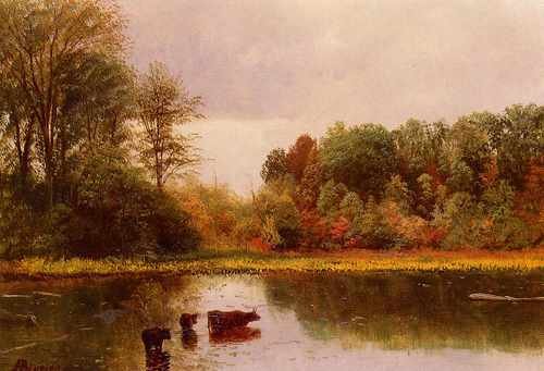Bierstadt Albert Cows Watering In A Landscape A4 Photo Print