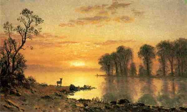 Bierstadt Albert Sunset Deer And River A4 Photo Print