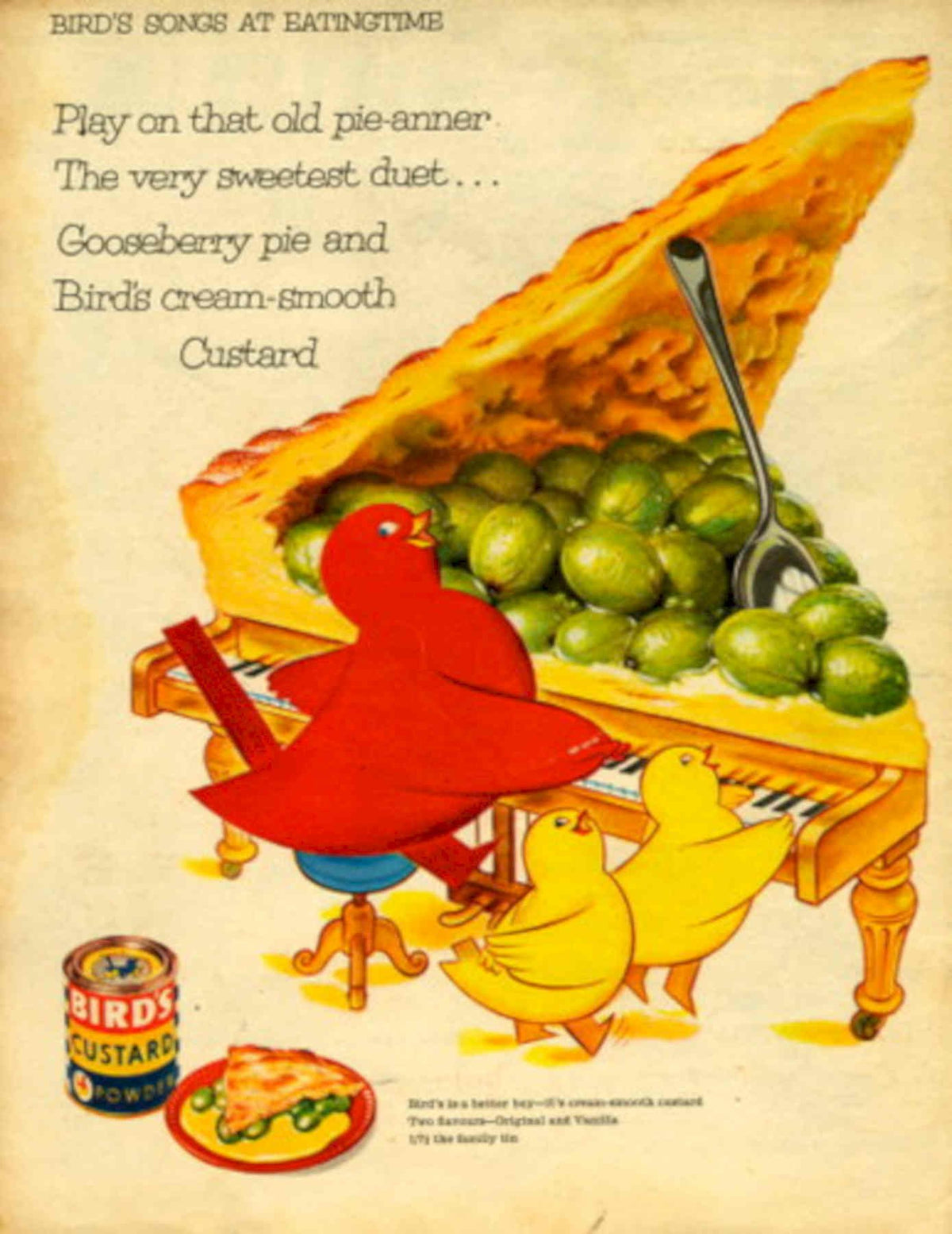 Birds Song Pie 1950s Vintage Retro Advert Poster