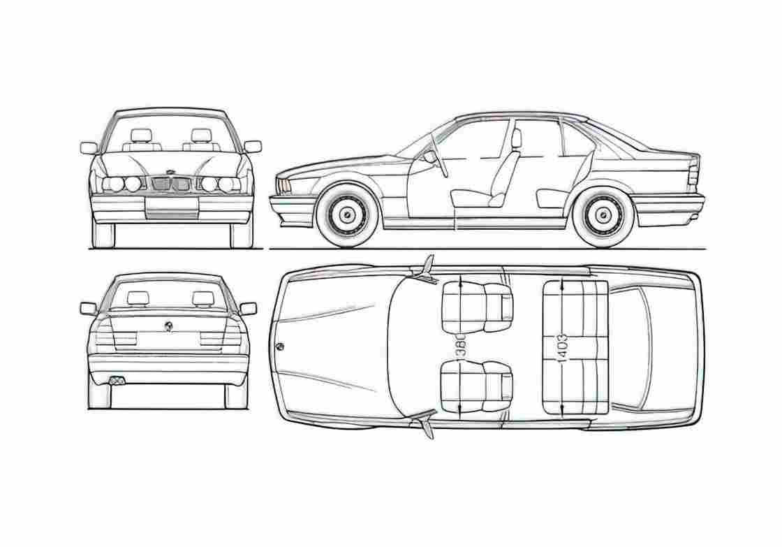 Blueprint BMW 5 Series E34 Sedan 1987 A4 Photo Print