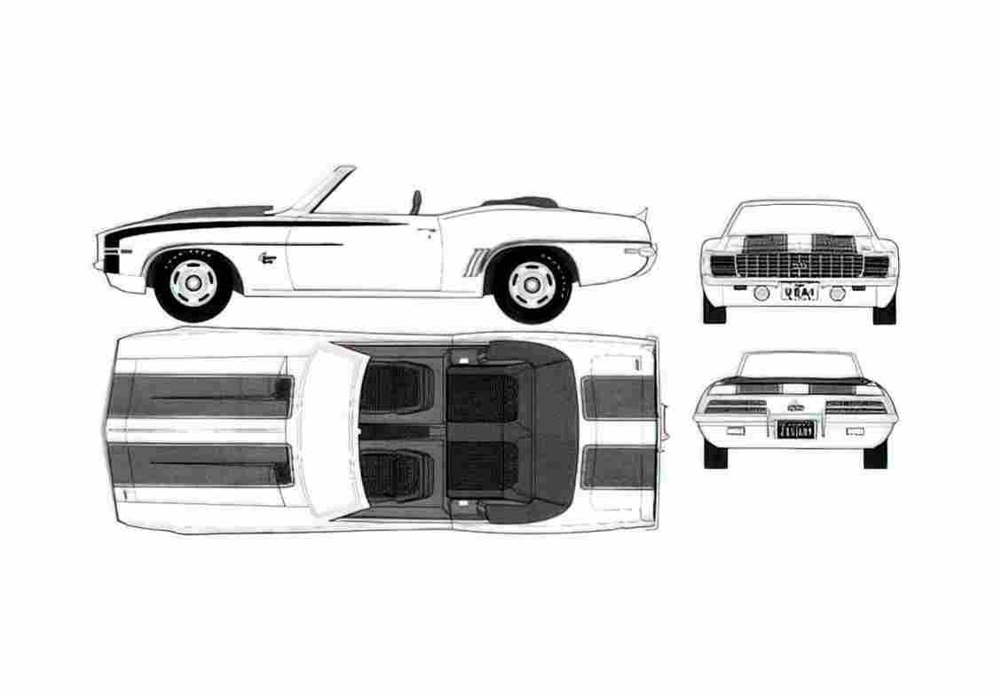 Blueprint Chevrolet Camaro SS Convertible Cabriolet 1969 A4 Photo Print
