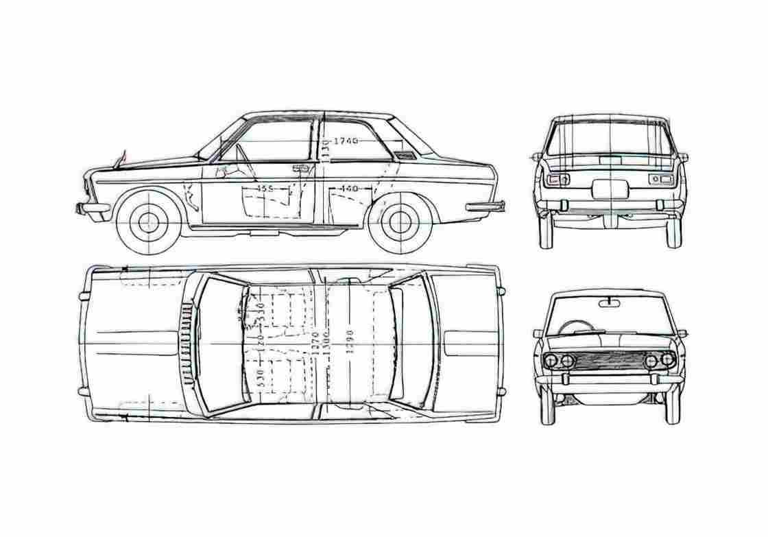 Blueprint Datsun Bluebird 510 2 door Sedan 1970 A4 Photo Print