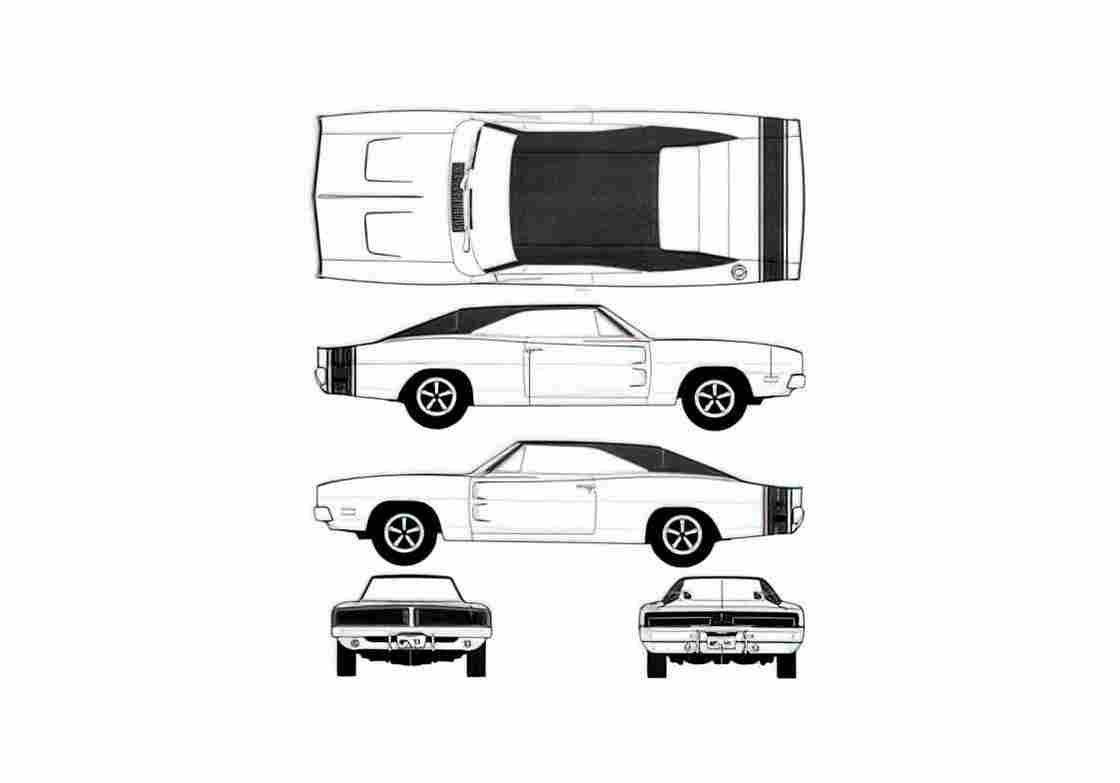 Blueprint Dodge Charger Coupe 1969 A4 Photo Print