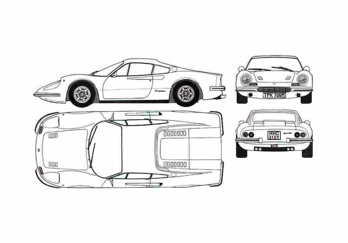 Blueprint Ferrari Dino 246 GT Coupe 1972 A4 Photo Print