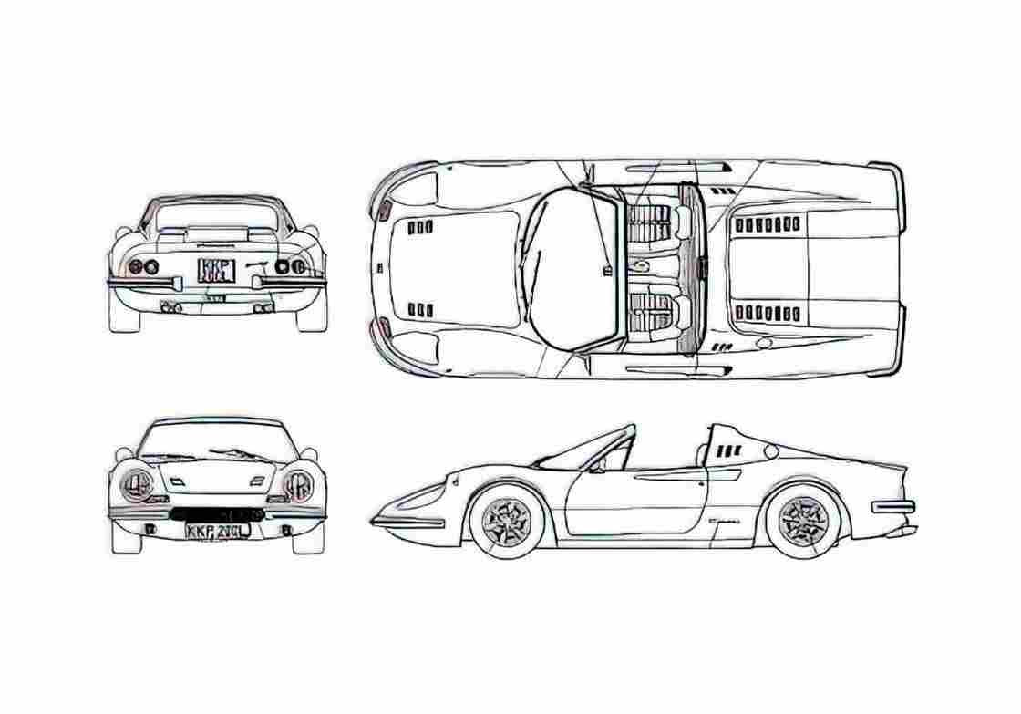 Blueprint Ferrari Dino 246 GTS Targa 1972 A4 Photo Print