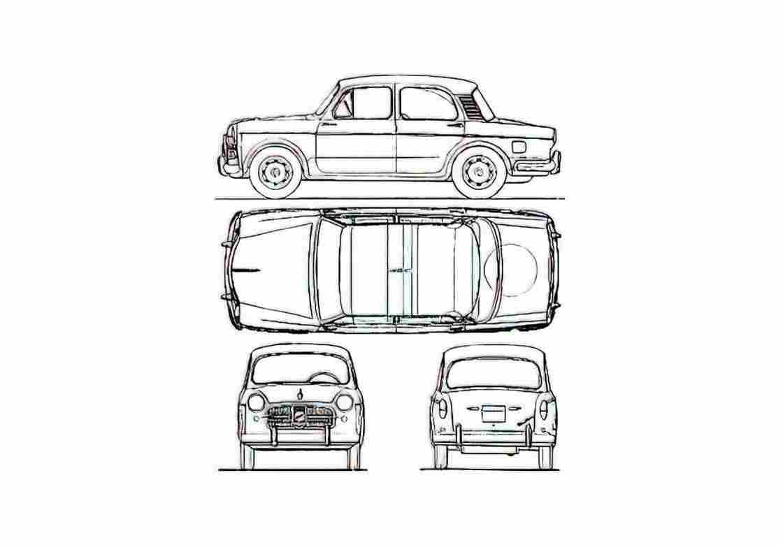 Blueprint Fiat 1100 Sedan 1961 A4 Photo Print