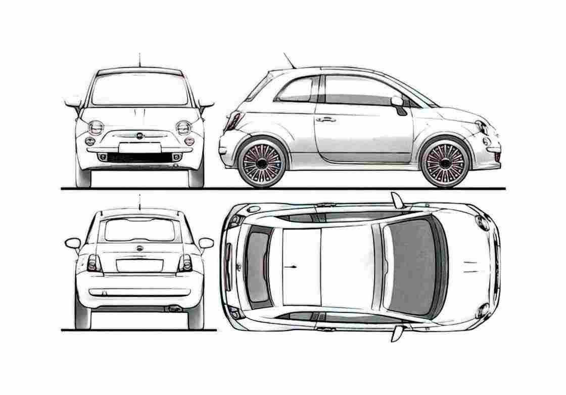Blueprint Fiat 500 Hatchback 2008 A4 Photo Print