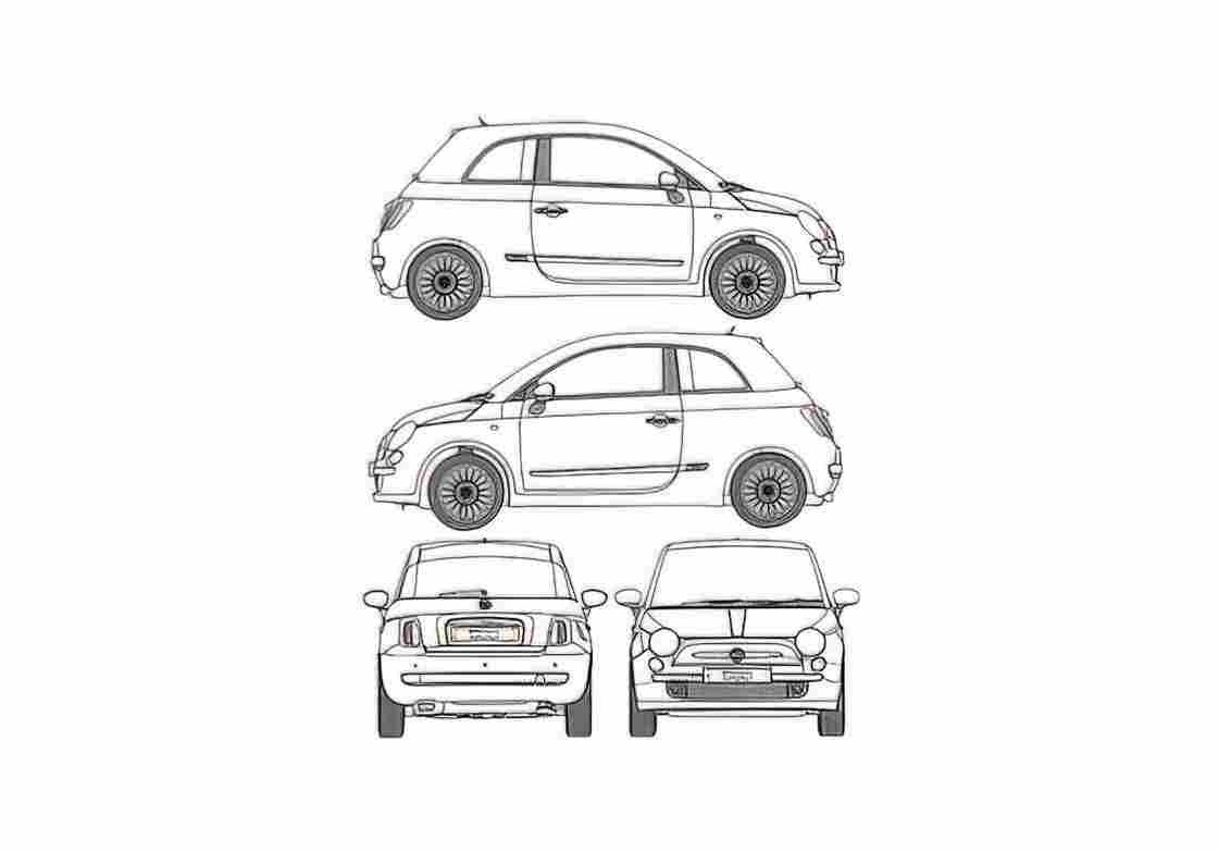Blueprint Fiat 500 Hatchback 2009 A4 Photo Print