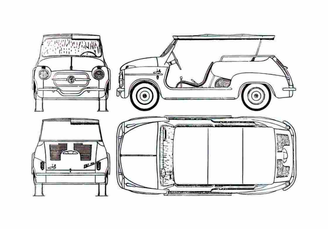 Blueprint Fiat 600 Jolly Cabriolet 1958 A4 Photo Print