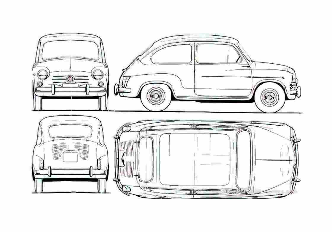 Blueprint Fiat 600D Hatchback 1964 A4 Photo Print