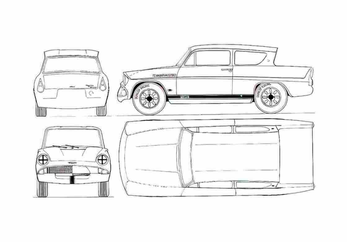 Blueprint Ford Anglia 105E Sport Sedan 1967 A4 Photo Print