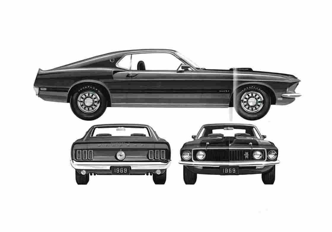 Blueprint Ford Mustang Mach I Coupe 1969 A4 Photo Print