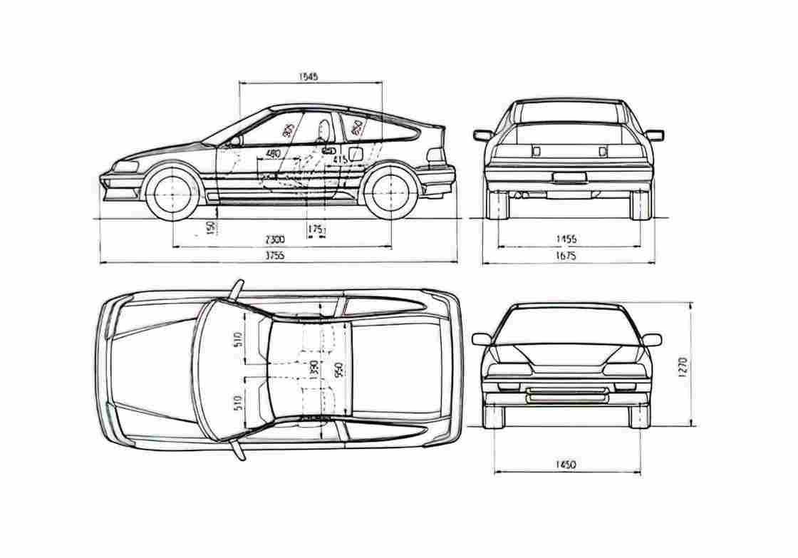 Blueprint Honda Civic CR X Coupe 1987 A4 Photo Print