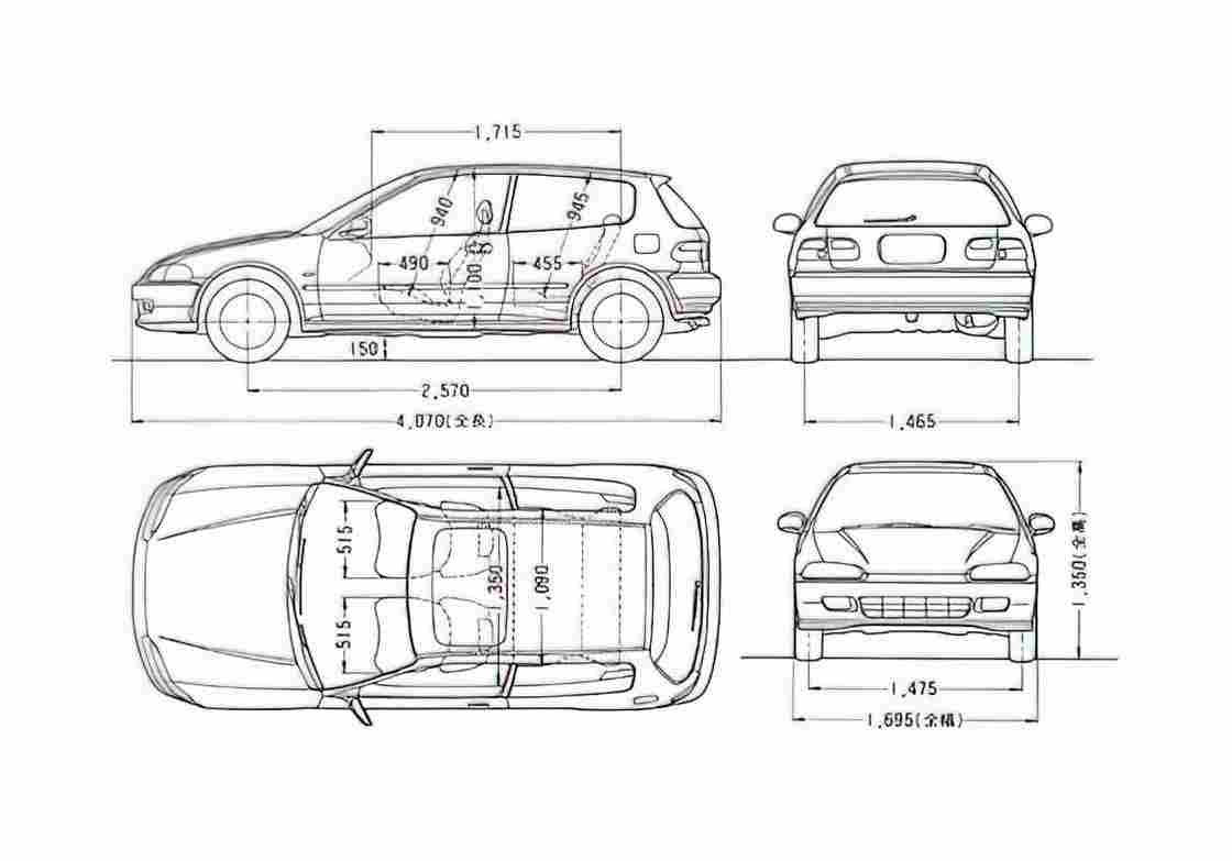 Blueprint Honda Civic SiR Hatchback 1992 A4 Photo Print