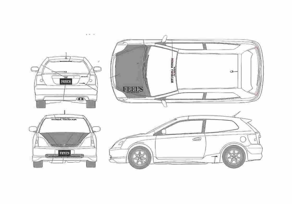 Blueprint Honda Civic Type R Feels Hatchback 2001 A4 Photo Print