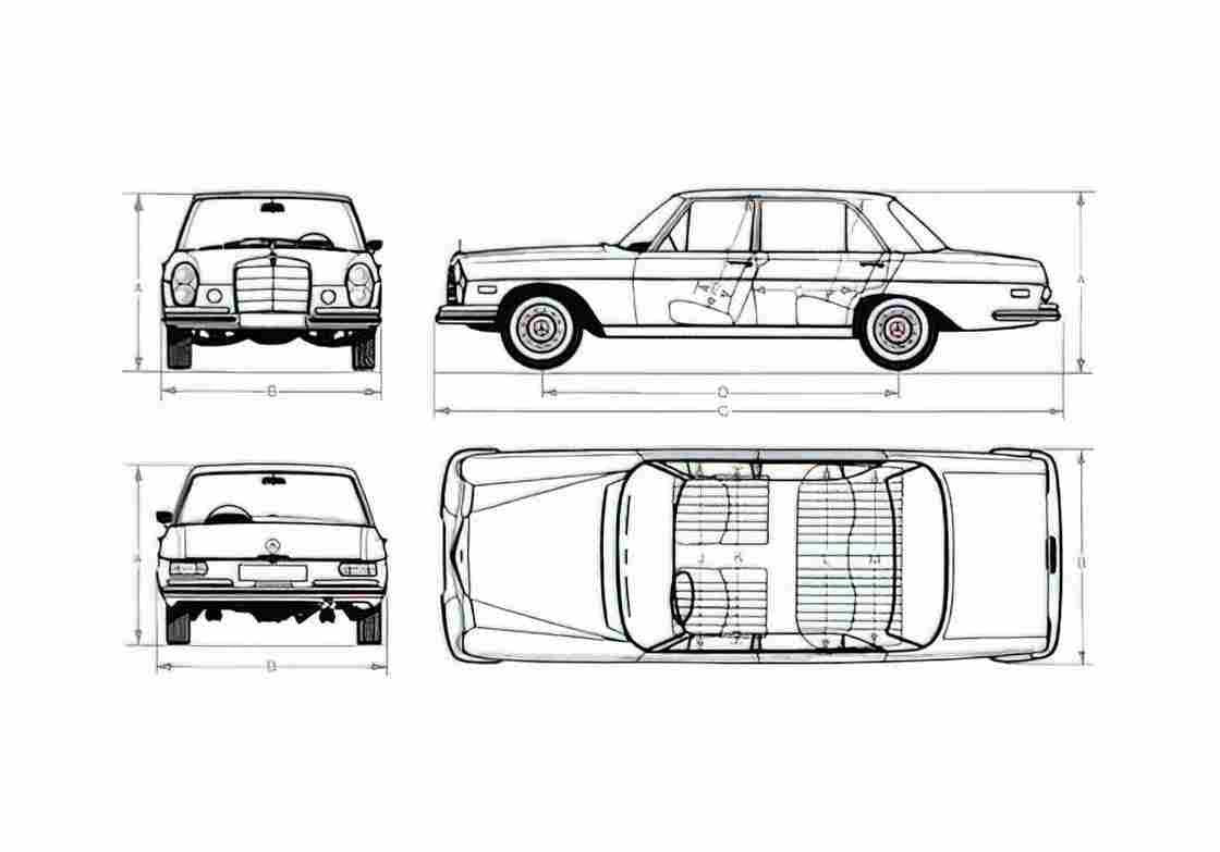 Blueprint Mercedes Benz E Class W110 300 SEL Sedan 1968 A4 Photo Print