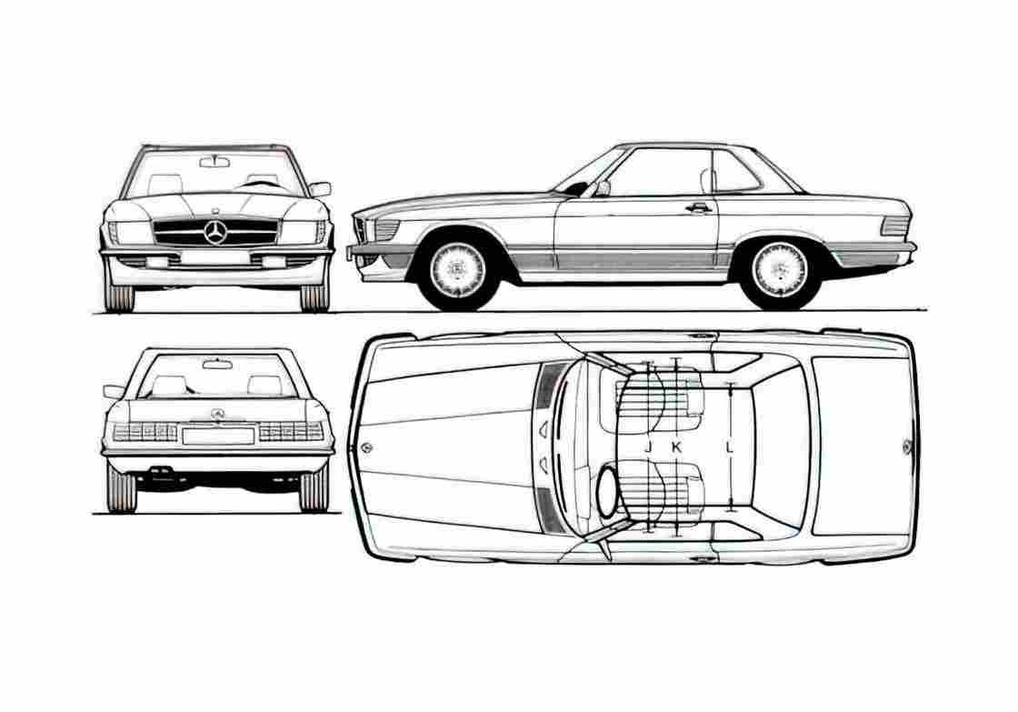 Blueprint Mercedes Benz R107 500SL Coupe 1987 A4 Photo Print