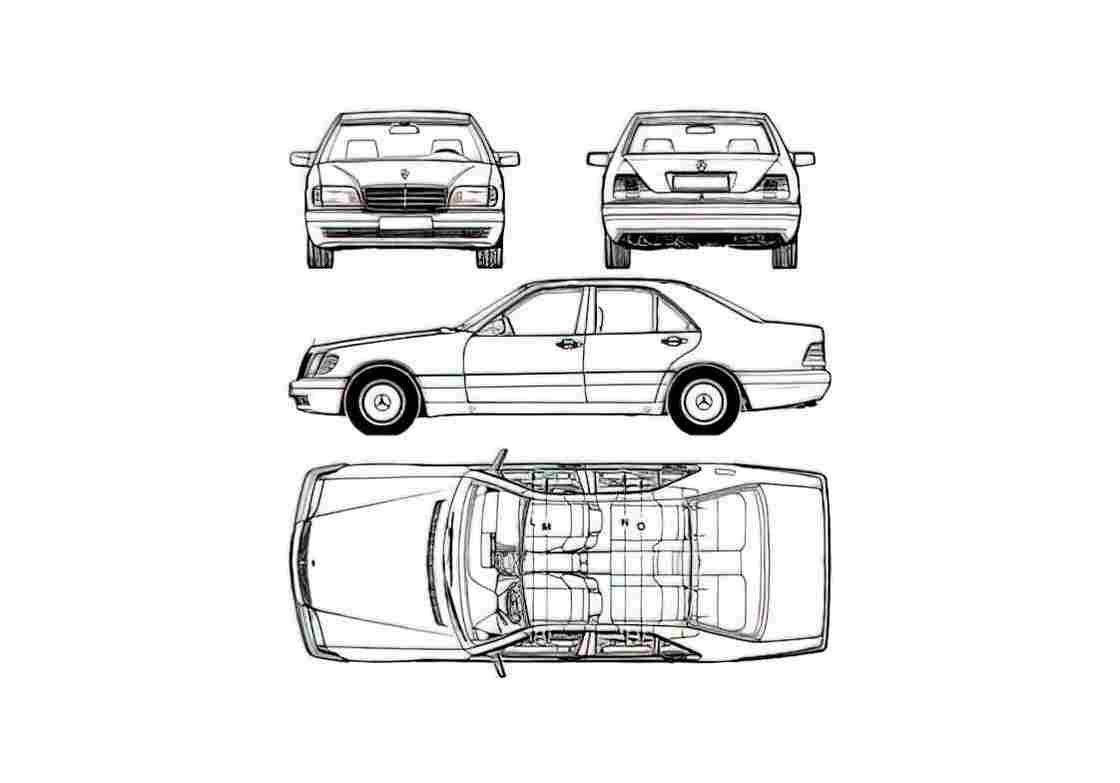 Blueprint Mercedes Benz S Class W140 Sedan 1994 A4 Photo Print