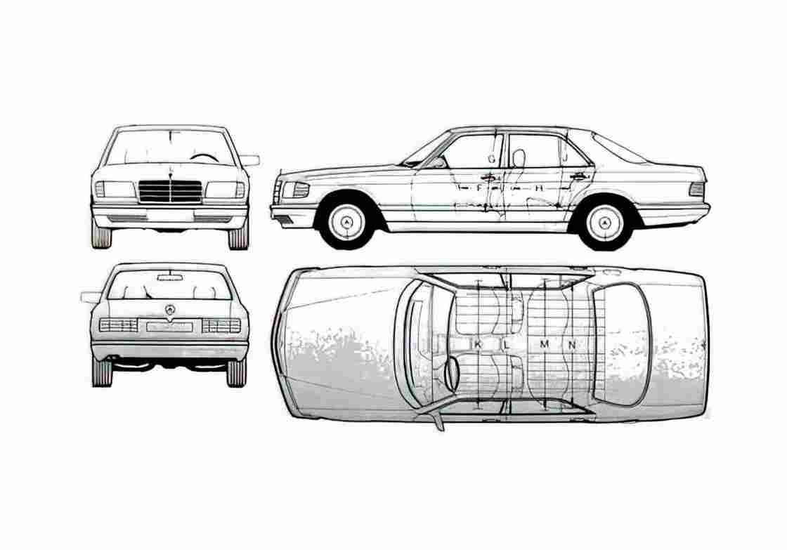 Blueprint Mercedes Benz S Sedan 1988 A4 Photo Print