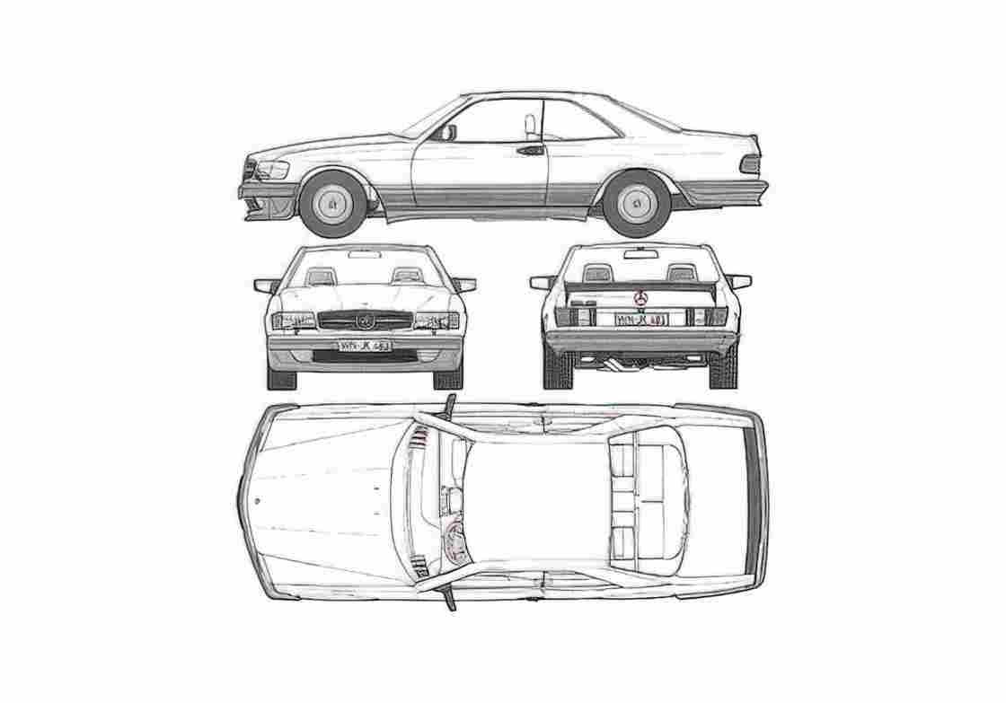 Blueprint Mercedes Benz SE Class W126 560SEC Lorinzer Coupe 1982 A4 Photo Print