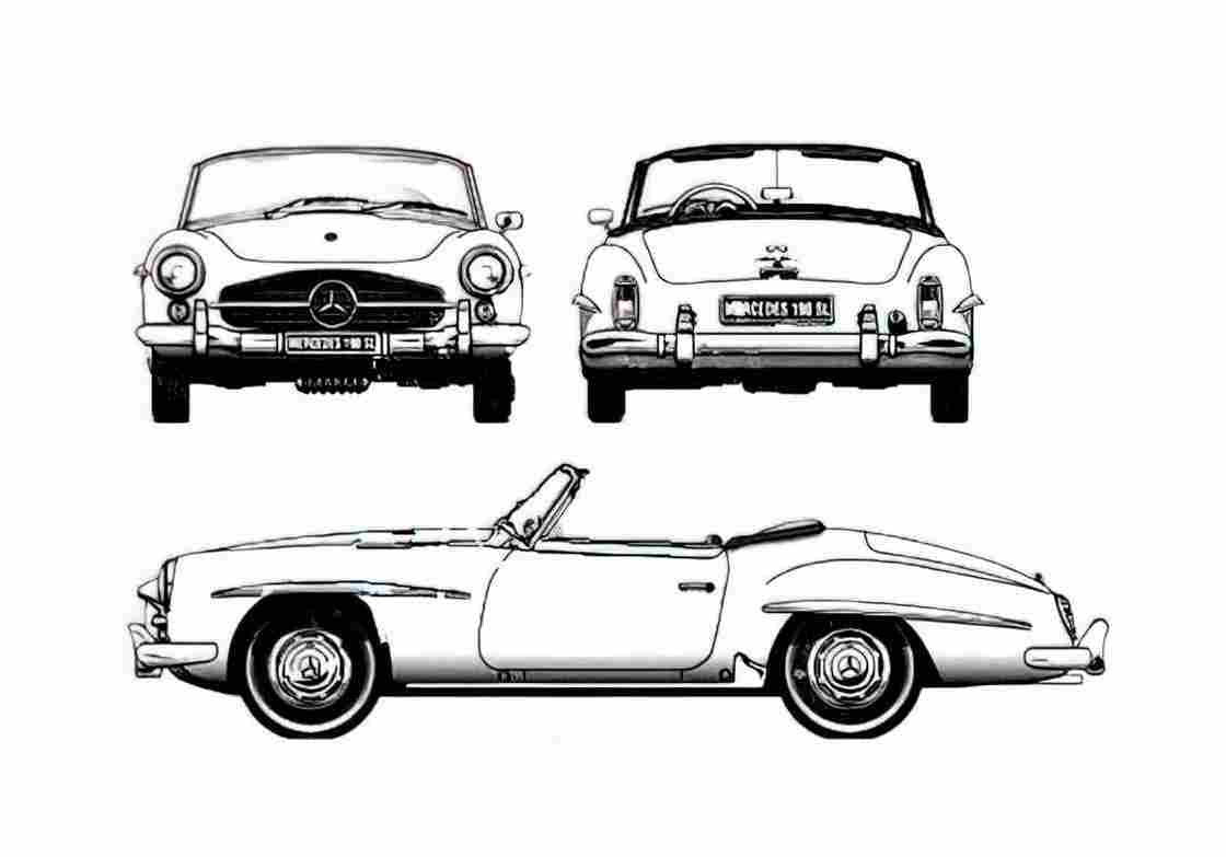 Blueprint Mercedes Benz SL Class 190SL Cabriolet 1959 A4 Photo Print