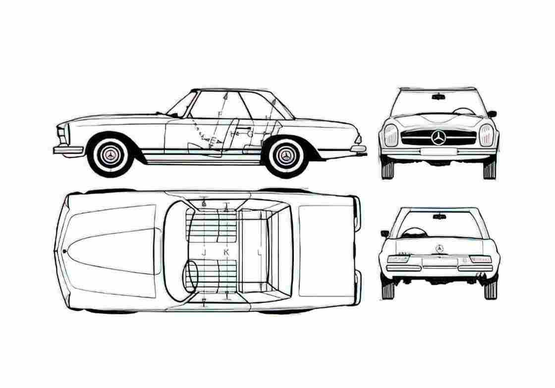 Blueprint Mercedes Benz SL Class 280SL Cabriolet 1968 A4 Photo Print