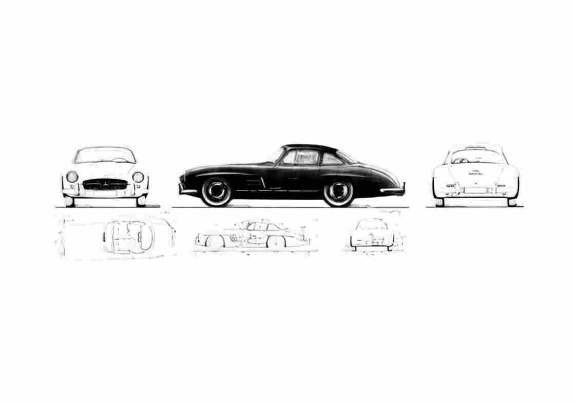 Blueprint Mercedes Benz SL Class 300SL Coupe 1955 A4 Photo Print