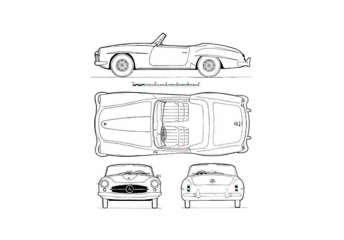 Blueprint Mercedes Benz SL Convertible Cabriolet 1964 A4 Photo Print