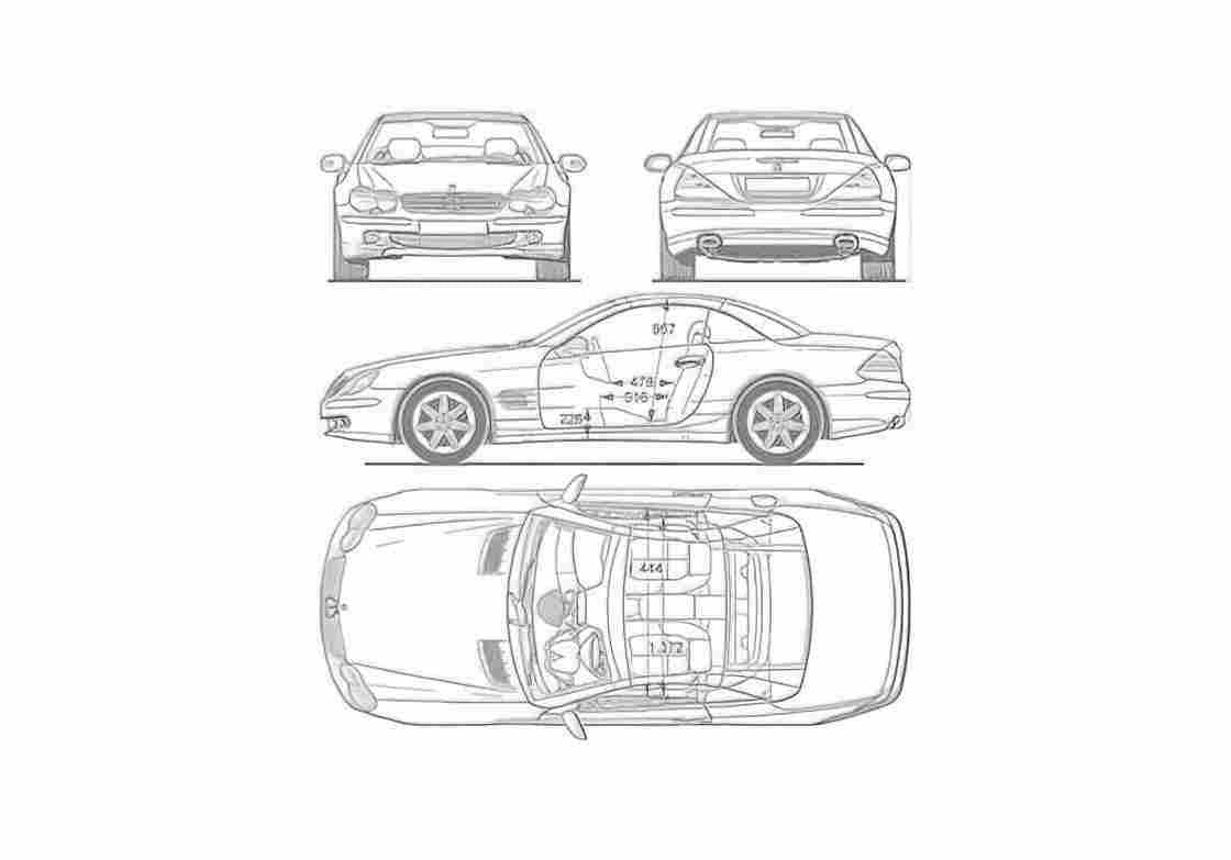 Blueprint Mercedes Benz SL Coupe 2004 A4 Photo Print
