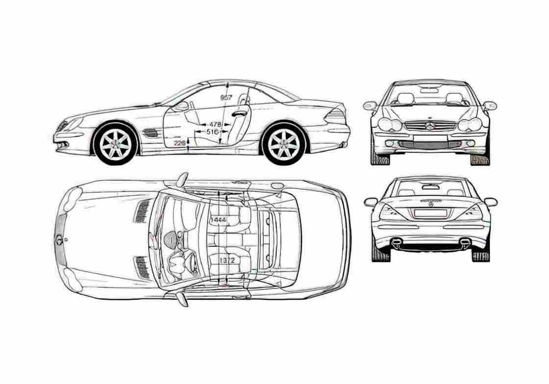 Blueprint Mercedes Benz SL Coupe 2005 A4 Photo Print