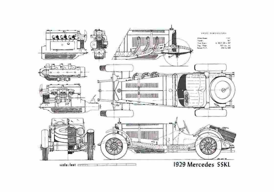 Blueprint Mercedes Benz SSKL Cabriolet 1929 A4 Photo Print