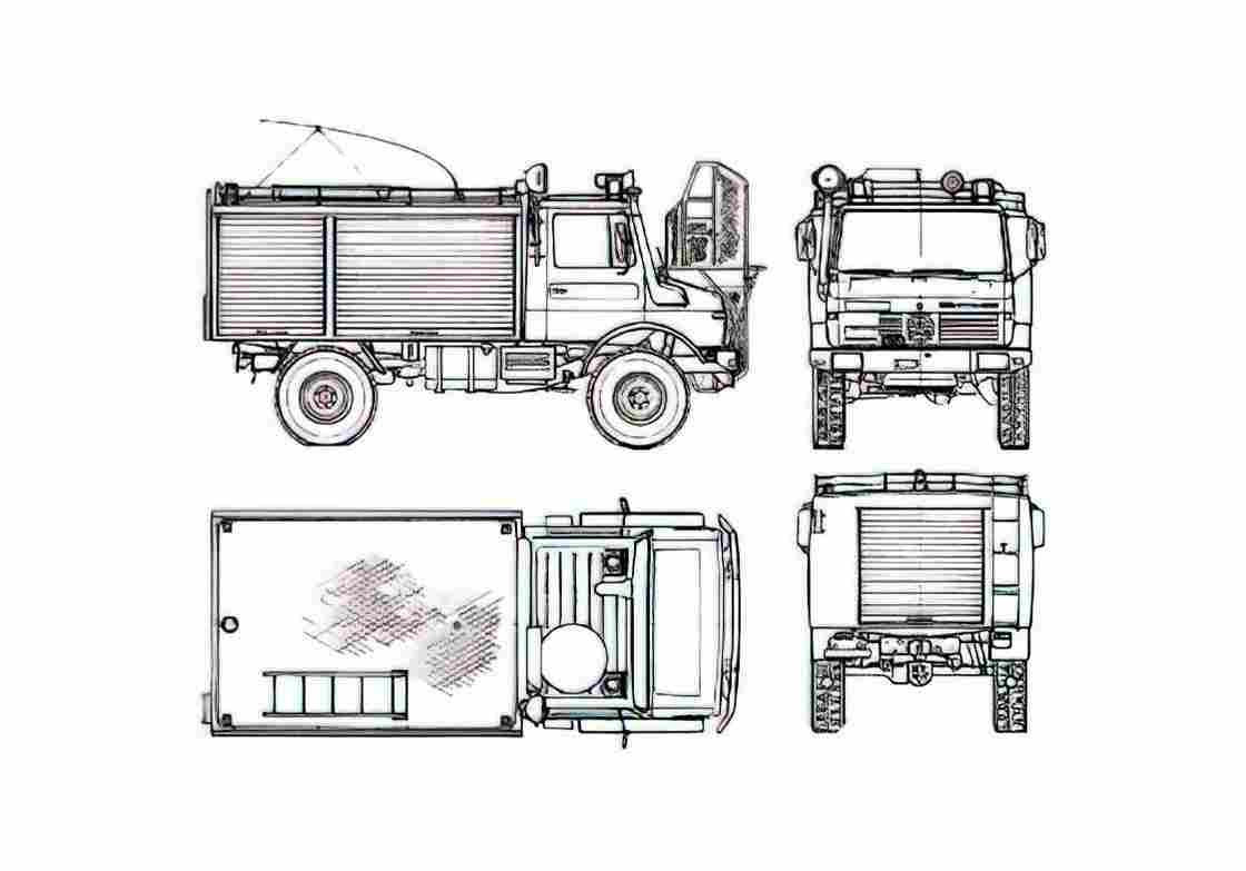 Blueprint Mercedes Benz Unimog U1300L Fire Truck 1981 A4 Photo Print