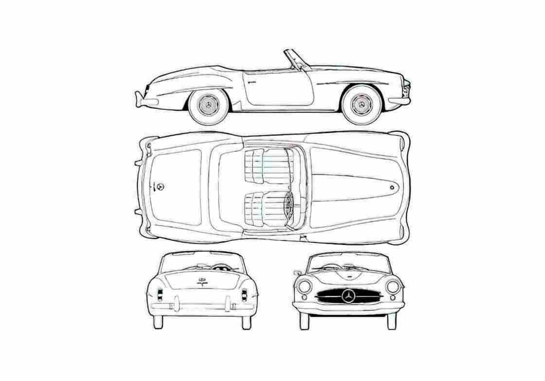 Blueprint Mercedes Benz W121 190SL Cabriolet 1960 A4 Photo Print