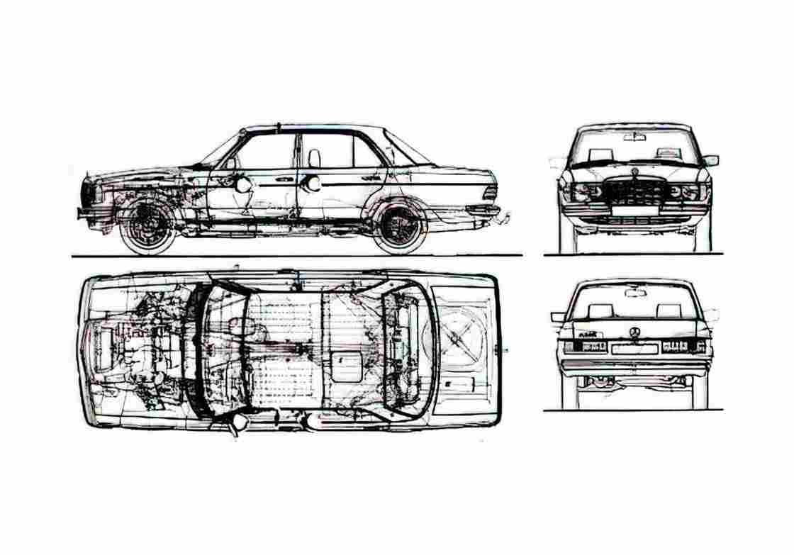 Blueprint Mercedes Benz W123 230E Sedan 1976 A4 Photo Print