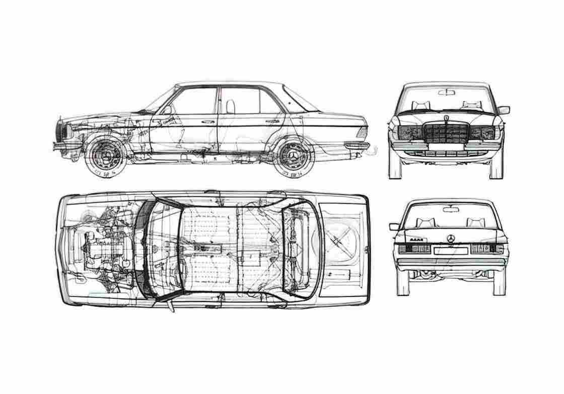 Blueprint Mercedes Benz W123 Sedan 1976 A4 Photo Print
