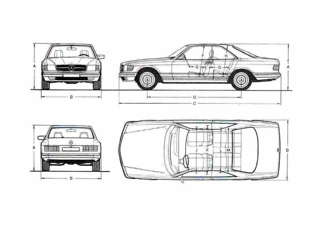Blueprint Mercedes Benz W126 380 500 SEC Coupe 1981 A4 Photo Print